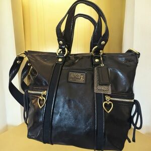 COACH POPPY 2012 Shoulder Bag Black Leather & Patent Gold Heart Zipper Pulls